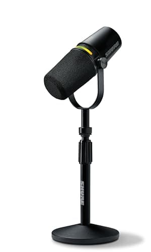 Shure MV7+ Podcast Dynamic Microphone with Stand – OBS Certified, Enhanced Audio, LED Panel, USB-C & XLR Outputs, Auto Level Mode, Digital Pop Filter – for Podcasting, Streaming, and Recording, Black - Microphone