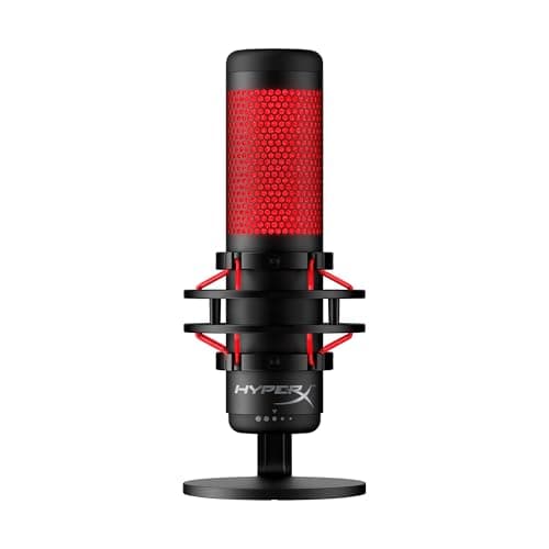 HyperX QuadCast - USB Condenser Gaming Microphone, for PC, PS4, PS5 and Mac, Anti-Vibration Shock Mount, Four Polar Patterns, Pop Filter, Gain Control, Podcasts, Twitch, YouTube, Discord, Red LED - Microphone