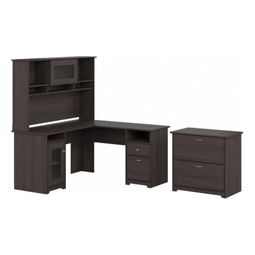 Bush Home Bush Furniture Cabot 60W L Shaped Computer Desk with Hutch and Lateral File Cabinet in Heather Gray - Desk