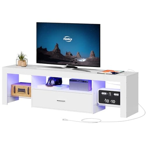 HOOBRO LED TV Stand with Power Outlets to 65 inch TV, Gaming Entertainment Center with Glass Shelves and Large Drawer, Modern Media TV Console Table for Living Room Bedroom, White WT14UDDS01 - Desk