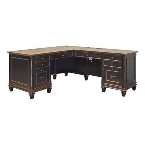 Martin Furniture Hartford Modern Pedestal L-Shaped Wood Desk with 8 Drawers (2 Drop-Front Keyboard/Pencil, 4 Utility, 2 Locking Letter/Legal File), 2 Grommets, in Brown Finish - Desk