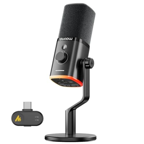 MAONO PD100W USB Wireless Microphone for PC, Gaming Streaming Dynamic Mic with One-Click Noise Reduction,Mute Button,Custom RGB, 3.5mm Headphone Jack, Desktop Podcasting Mic for Computer Phone, Black - Microphone