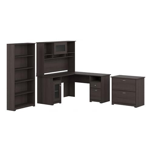 Bush Home Bush Furniture L Shaped Desk with Hutch, 5 Shelf Bookcase and Lateral File Cabinet | Cabot Collection Corner Computer Table with Storage and Bookshelf - Desk