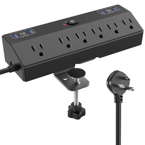 JXGUCAT Desk Clamp Power Strip with 40W Fast Charging Station, JXGUCAT 10FT Flat Plug Desk Mount Power Strip Surge Protector, Removable Extension Cord with 2 USB-C Ports 6 Outlets, Fits 1.8" Tabletop Edge - Cable Management