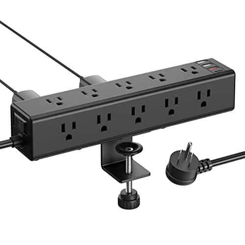 CCCEI Standing Desk Clamp Power Strip with 15 Outlets, Widely Spaced Desktop Edge Mount Surge Protector Outlet, Fast Charging USB-A and USB-C Ports, 6 FT Flat Plug, Black Fit 1.6 inch Table top. - Cable Management