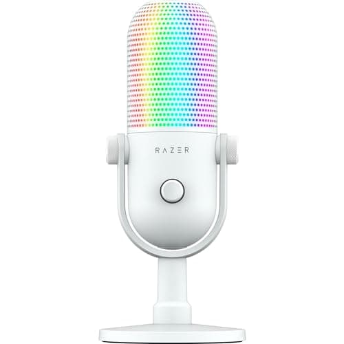 Razer Seiren V3 Chroma RGB USB Microphone: Stream & Game Reactive Lighting - Tap-to-Mute Sensor Condenser Mic - Digital Gain Limiter & Shock Absorber PC, Discord, OBS Studio, XSplit White (Renewed) - Microphone