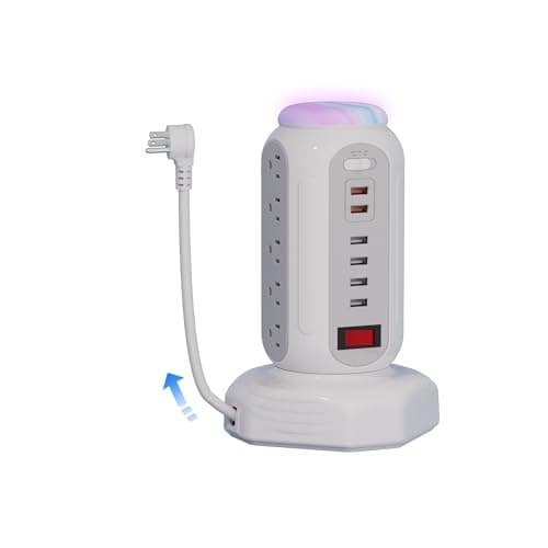 DYSSIPATIVE Power Strip Surge Protector Tower, 15 AC Outlets and 6 USB Ports with LED Light, Retractable Heavy Duty Extension Cord with Multiple Outlets, USB Charging Station with Right Flat Plug (White) - Lighting