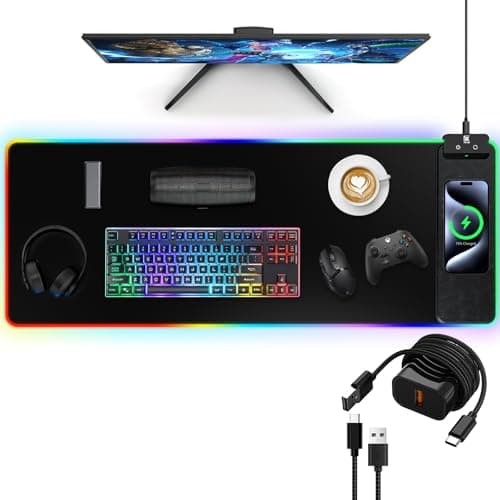 Miroddi Mouse Pad with Wireless Charging, Large Desk Mat RGB Gaming Mousepad, 10 Light Colors LED Gaming Pad Keyboard Pad with Ultra-Smooth Surface & Non-Slip Rubber Base, Waterproof Full Desk Mouse Pad - Desk