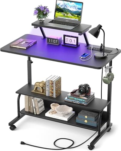 Besiost Height Adjustable Standing Desk with Power Outlets and LED Lights - 32" Manual Stand Up Desk with Monitor Stand and Storage Shelves Small Mobile Rolling Computer Desk Portable Laptop Table, Black - Desk