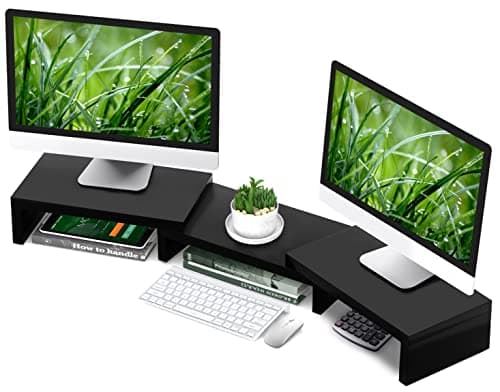 TAVR Furniture TAVR Dual Monitor Stand Riser Office Desktop Organizer Stand for 2 Monitors, Adjustable Length and Angle 3 Shelf, Extra Long Multifunctional Stand up to 43.3" fit Computer, Laptop, TV, Black - Desk