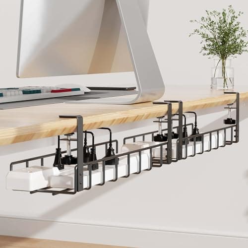 Xpatee 2 Pack Cable Management Under Desk Tray, 31.4" No Drill Under Desk Wire Management with Upgraded Clamp, Metal Cord Organizers for Desk with Cable Organizers, PC Cable Management Rack, Black - Cable Management