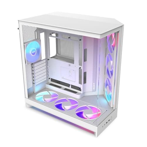 NZXT H9 Flow RGB+ (2025) – Dual-Chamber ATX Mid-Tower Airflow PC Case – 7 RGB Fans (6 x 140mm,1 x 120mm) & Control Hub – 420mm Radiator Support –Connect Ready- Stainless Steel Tempered Glass - White - Lighting