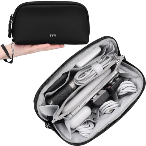 FYY Travel Cable Organizer - 8 Compartments Lightweight Water Resistant Tech Pouch with Wrist Strap Portable Electronic Accessories Case for Cord Charger Storage for Travel Home Office Black (Medium) - Cable Management