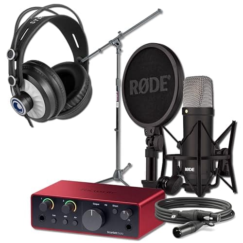 StreamEye Rode NT1 Signature Series Condenser Microphone with Scarlett Solo 4th Gen USB Audio Interface, On-Stage MS7701B Boom Microphone Stand and Cans50 Monitoring Headphones - Microphone