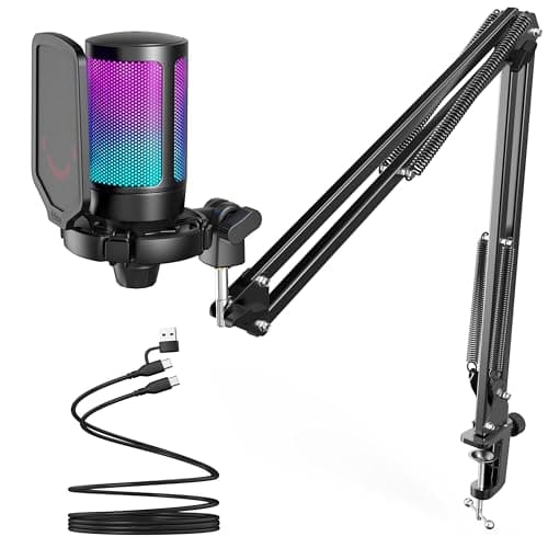 FIFINE Gaming PC USB Microphone, Podcast Condenser Mic with Boom Arm, Pop Filter, Mute Button for Streaming, Twitch, Online Chat, RGB Computer Mic for PS4/5 PC Gamer Youtuber-AmpliGame A6T - Microphone