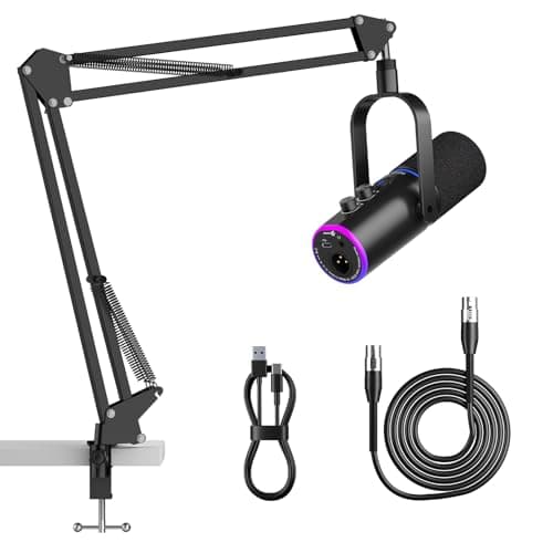 P PUPGSIS XLR/USB Podcast Microphone, Gaming Mic with Mute Button, Reverb Effects, Noise Cancellation, Boom Arm Stand, Headphones Jack, Dynamic Microphone for Streaming/Recording/Gaming/Vocal-Black - Microphone