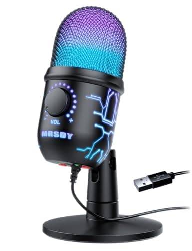 MRSDY Gaming Microphone, USB Computer Microphone for PC, Mac, PS4/5, Condenser Podcast Mic for Studio Recording, YouTube, Streaming, with Headphone Jack, Led Light, Mute, Gain, Noise Cancellation - Microphone