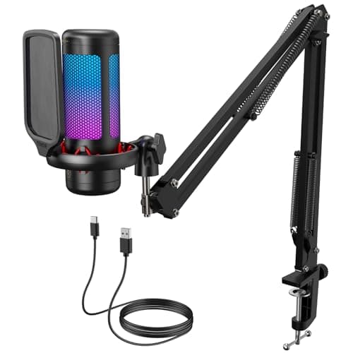 TONOR Gaming Microphone Set with Boom Arm, Vocal Condenser Microphone for PC with Stand, USB Mic with controllable RGB Light, One Tap Mute, Volume Control, for Discord, Twitch Streaming, TC310+ - Microphone