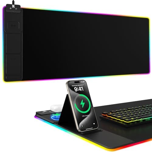 Miroddi Mouse Pad with Phone Holder, Wireless Charging Desk Mat, RGB Gaming Mousepad Home Office Large Desk Pad with Ultra-Smooth Surface, Non-Slip Base, Waterproof Keyboard Pad, Classic Black Desk Mat - Desk