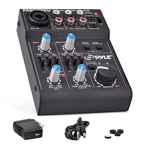 Pyle 5-Channel Rechargeable Mini Portable Audio Mixer – Compact Music Mixer DJ Controller with USB Interface, Slider EQ Controls, XLR Combo Mic Input, Rechargeable Battery, USB/Line/Master Controls - Audio Interface
