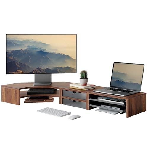 Fenge Dual Monitor Stand, Corner Monitor shelf with Drawer and Slide-Out Tray, 2 Tier Triangle Monitor Riser with Storage, Desk Shelf Organizer for Desk, Home Office, Computer, Laptop, Printer - Desk