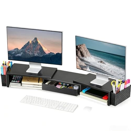 Spacrea Metal Desk Organizers and Accessories, Dual Monitor Stand Riser with Drawer and 2 Pen Holders, Desk Accessories & Workspace Desktop Organizers for Office Supplies (Black) - Desk