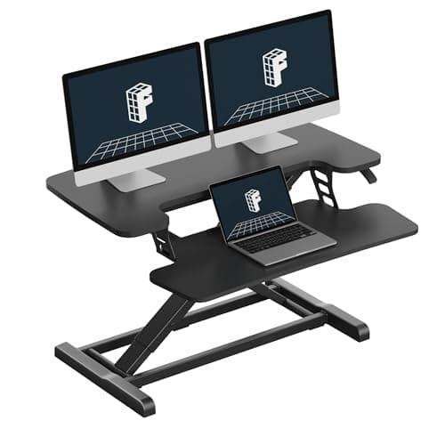 FLEXISPOT 32" Standing Desk Converter, Space-Saving Desktop Riser for Home Office, Sit Stand Computer Workstation for Laptop & Dual Monitor Setup, Black - Desk