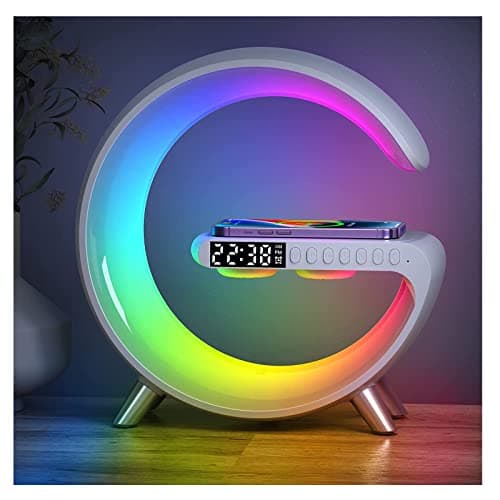 LeeNabao Smart LED Table Lamp, 4-in-1 Wireless Charger, Night Light, Alarm Clock, and Bluetooth Speaker with App Control for Bedroom, Office, and Home Decor (White) - Lighting