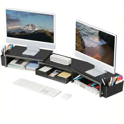 OPNICE Desk Organizers and Accessories, Dual Monitor Stand Riser with Drawer and 2 Pen Holders, Desk Shelf Metal Computer Racks for Office Workspace Organizers, Desktop Organization (Black Metal) - Desk