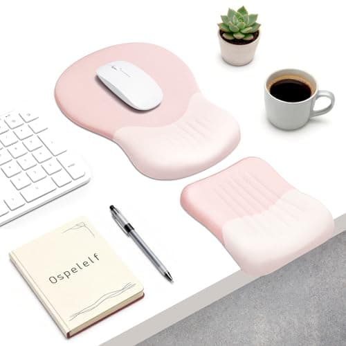Ospelelf Mouse Pad with Wrist Rest Set Foam L-Shaped Desk Elbow Pad Ergonomic Desk Edge Cushion Anti-Slip Rubber Bottom Office Women Desk Accessories for Computer, Laptop and Gaming, Pink - Mousepad / Desk Mat