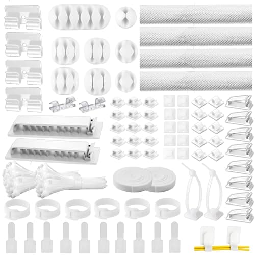 Topavatop [313Pcs] Cable Management Kit, 67 Adhesive Cable Clips, Topavatop Desk Cord Organizer, 22 Reusable Cable Strap, 4 Cable Sleeve Split, 200 Nylon Cable Zip Ties with 20 Mounts for TV Office Home, White - Cable Management