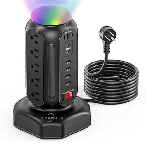 CYAN BOX Multiple Outlets Surge Protector, PD 30W Fast Charging Power Strip Tower with RGB Night Light, 15 AC Outlets Power Tower, 2 Type C and 4 USB Ports, 6.5FT Retractable Extension Cord Charging Station - Lighting
