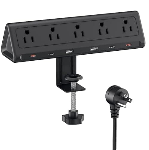 AnnTane 6.5 FT Desk Clamp Power Strip with 5 AC Outlets & 6 USB Ports PD 40W USB-C Fast Charging, 1250J Surge Protector, Fits 2.1 in top Edge Black - Cable Management