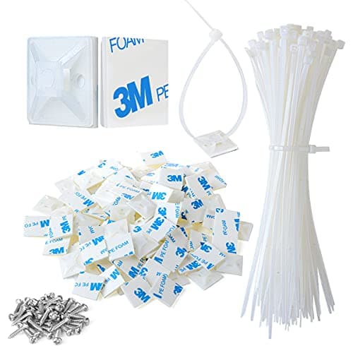 XHF 3/4" 3M Back-Glue Self Adhesive White Strong Cable Zip Tie Mounts 100pcs with 8" Ties, Screws, Outdoor Sticky Wire Fasteners Cable Clips Management Anchors Organizer Holders Squares - Cable Management