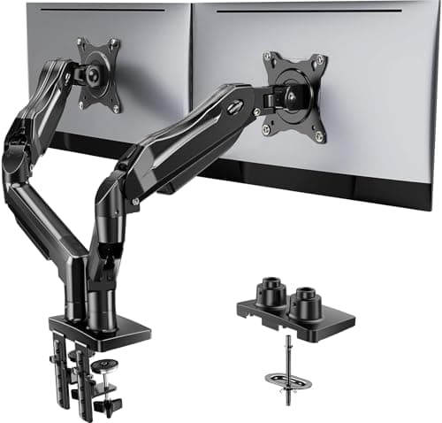 HUANUO FlowLift™ Dual Monitor Stand, Fully Adjustable Gaming Monitor Desk Mount for 13–32″ Computer Screens, Full Motion VESA 75x75/100x100 with C-Clamp & Grommet Base, Each Arm Holds 4.4 to 19.8 lbs - Desk