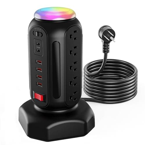 DYSSIPATIVE PD 30W Fast Charging Power Strip, with Surge Protector, RGB Night Light, 15 Outlets Power Tower, 2 Type C and 4 USB Ports, Space Saving, Retractable Extension Cord 6.5ft for Home (Black) - Lighting