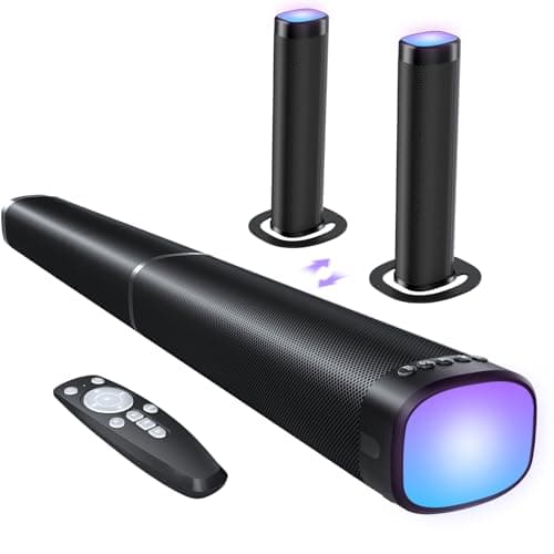 FHNFHN Sound Bar for Smart TV, 100W Sound Bar with 3 Dynamic RGB Lights,Bluetooth 5.3, ARC/Opt/AUX Connect, Dynamic Volume 3 Equalizer Modes,2 in 1 Detachable Soundbar for TV/PC/Gaming/Projectors - Lighting