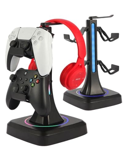 Qpfctwil Controller Headset Stand with 10 Color Light Modes - RGB Headphone Holder for PS5, Xbox, Switch - Gaming Room Decor, Desk Organizer for Gamers - Lighting