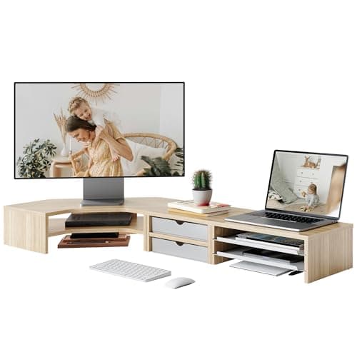Fenge Dual Monitor Stand, Corner Monitor shelf with Drawer and Slide-Out Tray, 2 Tier Triangle Monitor Riser with Storage, Desk Shelf Organizer for Desk, Home Office, Computer, Laptop, Printer - Desk