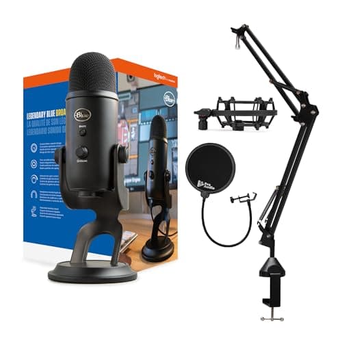 Blue Microphones Blue Yeti Microphone (Blackout) Bundle with Boom Arm Stand, Pop Filter and Shock Mount (4 Items) - Microphone