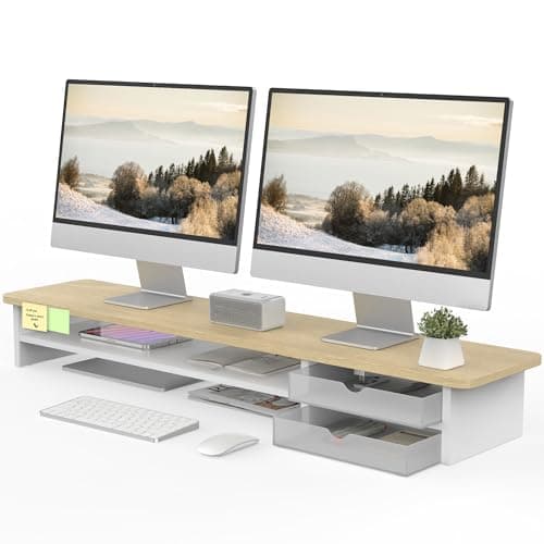Fenge Monitor Stand, Dual Monitor Riser, 42.5inch Large Desk Computer Monitor Stand Riser with Drawer, 2 Tier Wood & Acrylic Desktop Organizer for Computer, Laptop, Printer, TV Screen Riser - Desk