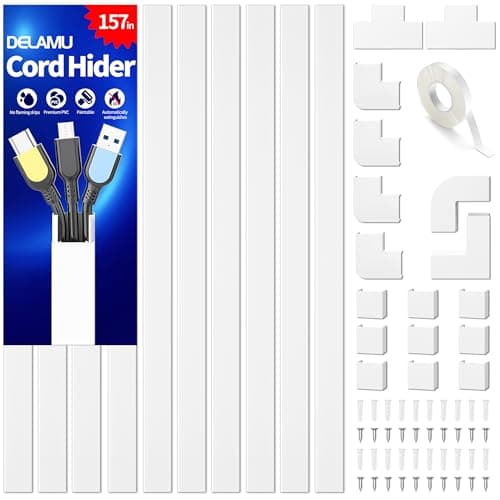 Delamu Cord Hider, 157in Wire Covers for Cords on Wall, Premium Cable Hider Cord Covers for Wires, Cable Management Wire Hiders for TV, Cable Raceway Kit, W0.95 H0.55in, White - Cable Management