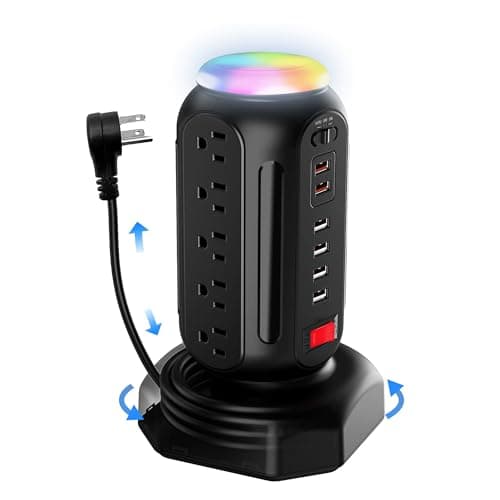 DYSSIPATIVE Power Strip Tower with Colorful Nightlight, 15 AC Outlets and 6 Fasting USB Ports, Retractable Extension Cord with Multiple Outlets, 900 J Surge Protector with Right Flat Plug (Black) - Lighting