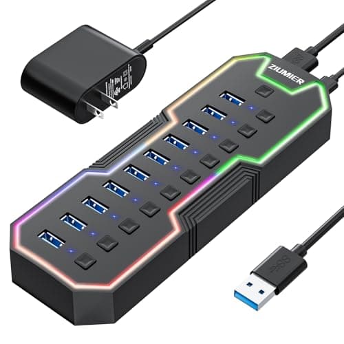 ZIUMIER Powered USB Hub, 10 Ports USB 3.0 Hub with RGB LED Strip and 12V/2A Power Adapter USB Extension,Individual LED On/Off Switches for Mac, PC, Desktop, Flash Drive, Mobile HDD - Lighting