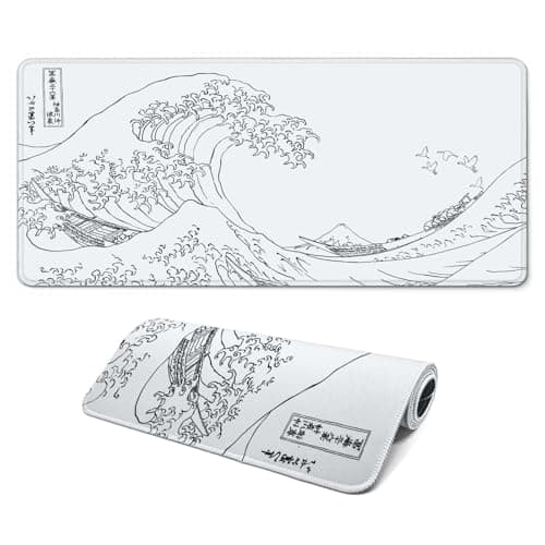 FTSYAD Gaming Mouse Pad, Large 31.5 x 11.8 inches Mousepad, Long Keyboard Pad, Cute Mouse Mat for Computer with Stitched Edges and Non-Slip Base (Japanese Grey White Wave) - Mousepad / Desk Mat