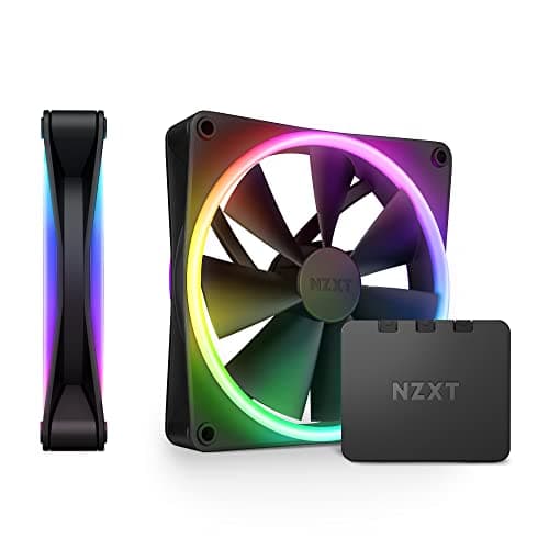 NZXT F140 RGB Twin Pack – 2 x 140mm RGB PWM PC Fans with RGB Controller – High Airflow, Low Noise – Fluid Dynamic Bearing – CAM Software Control – 18 LEDs per Fan – Black - Lighting