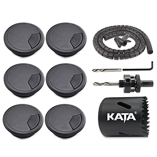 KATA 6-Pack Desk Grommet 2 Inch (50mm) Wire Cord Cable Desk Hole Cover with Bi-Metal Hole Saw Kit and Cord Wire Wrap Coiled Tube Sleeve Management, 2M Cable Sleeve Organizer - Cable Management