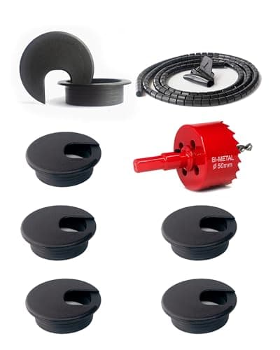 Bicafa 6 Pack Desk Grommet 2 Inch (50 mm) Bi-Metal Hole Saw Kit with Cord Wrap Coiled Tube Management,2 m Cable Sleeve Organizer with Table Hole Cover - Cable Management