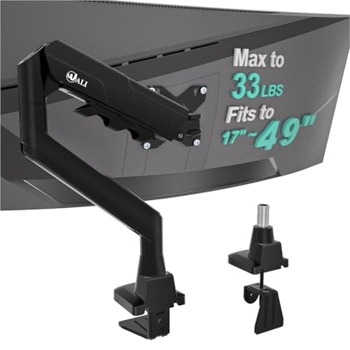 WALI Heavy Duty Single Monitor Arm for 17-49 Inch Flat Curved Ultrawide Screens, up to 33 Lbs, Adjustable Gas Spring Single Monitor Desk Mount for Home Office Gaming, VESA 75/100mm (GSM001XLN), Black - Desk