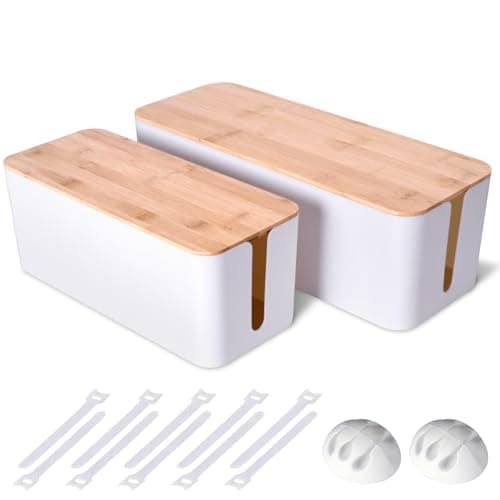Naeety 2 Pack Large Cable Management Box – Wooden Style Cord Organizer and Cover for TV Wires, Computer, Router, USB Hub and Under Desk Power Strip – Safe ABS Material and Baby-Pets Proof Lock (White) - Cable Management